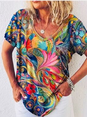 Vibrant Multi-Color Floral V-Neck Women’s Top